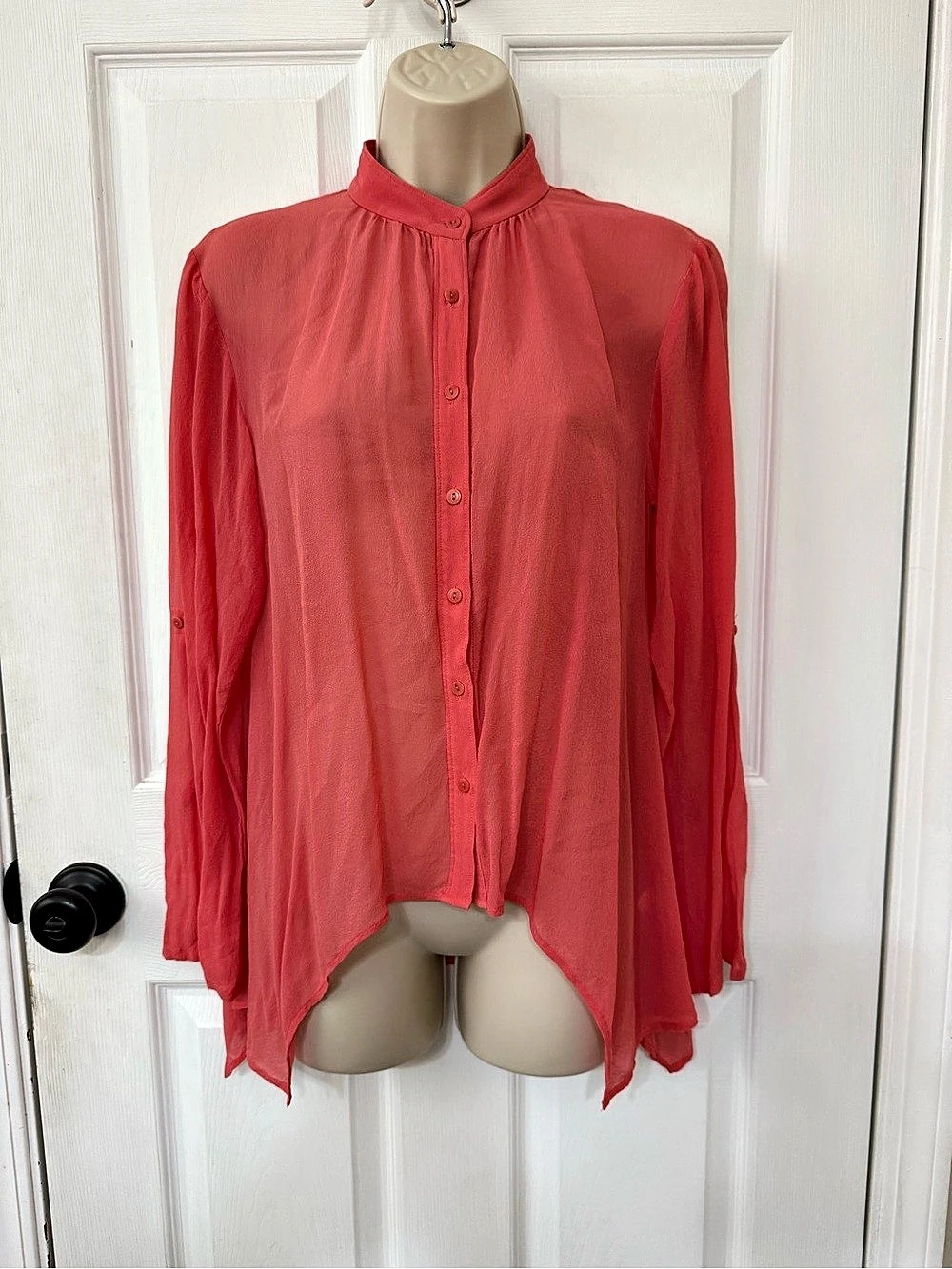 Hinge 100% Silk Coral Button Front High Low Blouse XS Like New